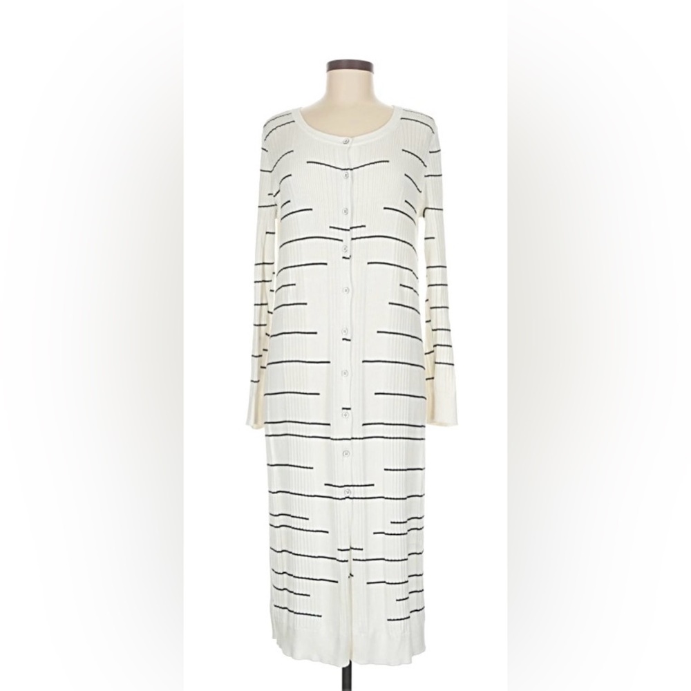 CAbi 5638 Long White Dash Rib Knit Duster Sweater Size: Large